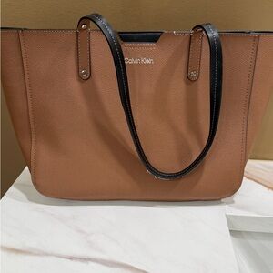 Calvin Klein Tan Tote Bag with Black Accents